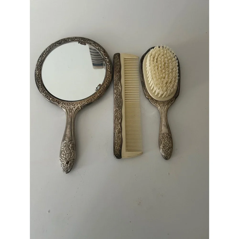Vintage Silver Tone Ornate Repousse Vanity Set Mirror Brush Comb 3 Piece Floral